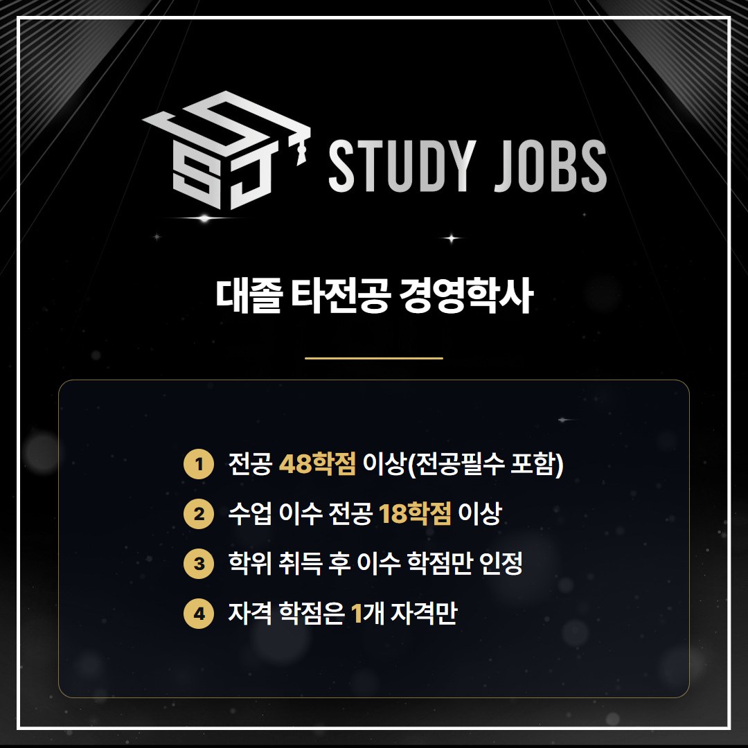 4년제 졸업자가 타전공으로 학점은행제 경영학사를 받을 때의 48학점 요건을 정리한 이미지
